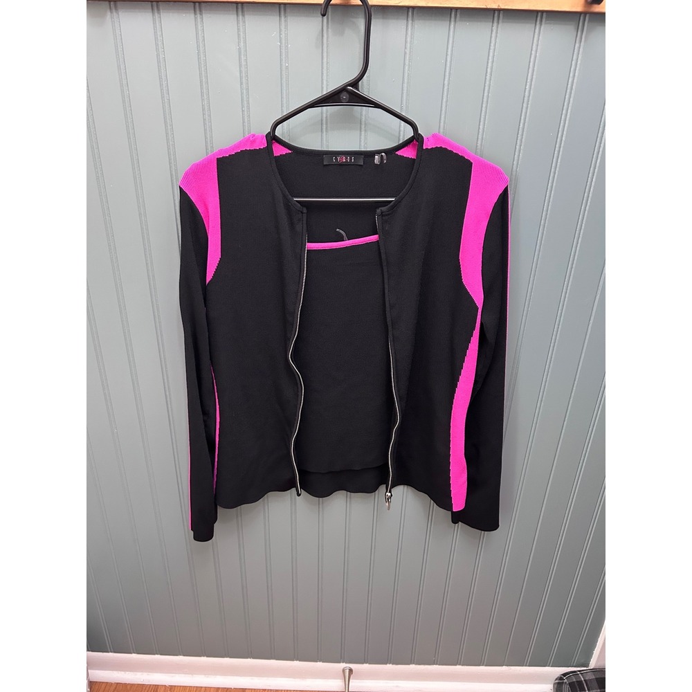 Cyrus Womens Black Hot Pink Colorblock Knit Twin Set Zip Cardigan Tank Size M‎